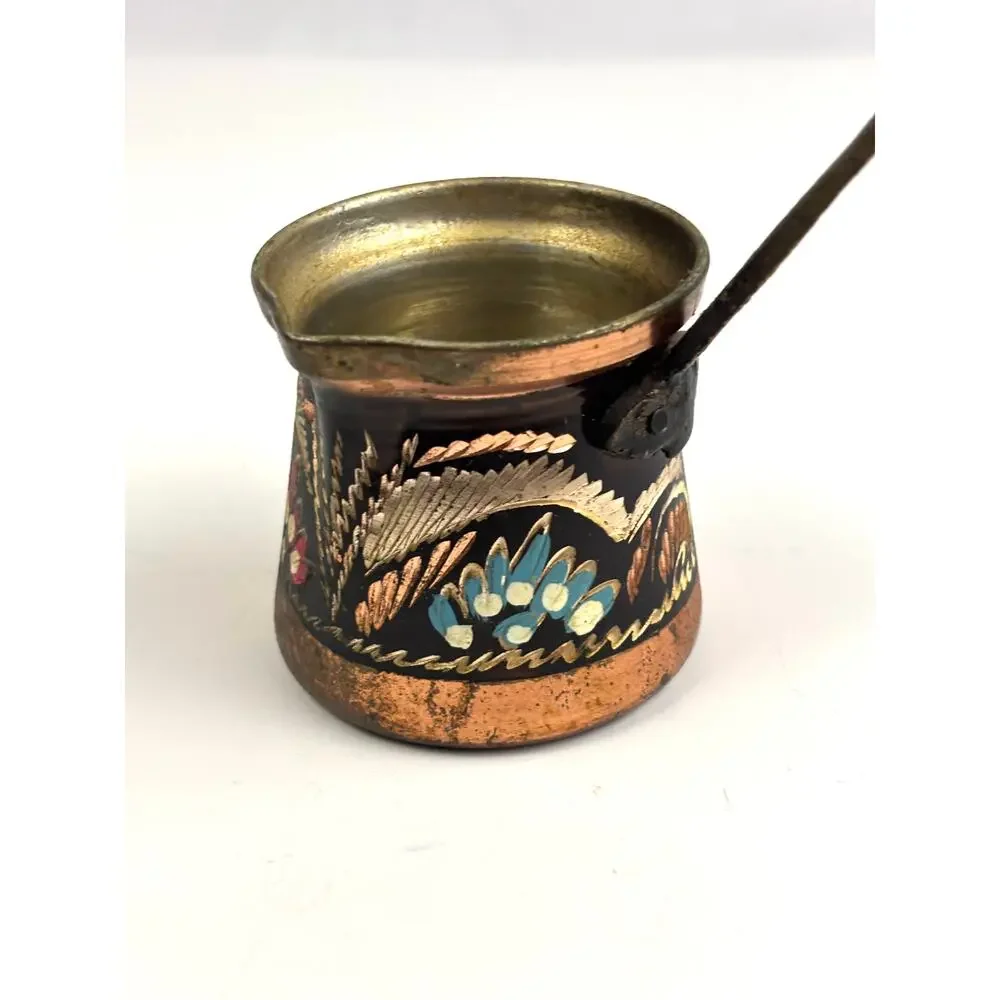 Vintage Turkish Hand Painted Copper Coffee Pot Kettle Decor Cezve Wooden Handle‎
